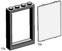 LEGO Bulk Bricks 3448 1x4x5 Black Window Frames with Clear Panes